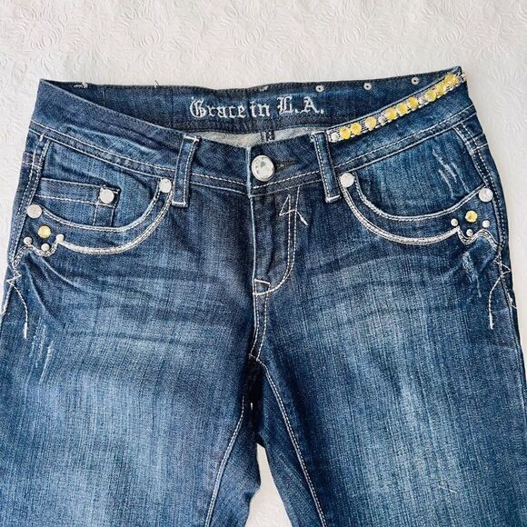 Grace in LA Jeans USA Rhinestone Medium Wash Straight Leg Jeans Women's 5/26 - Picture 3 of 6